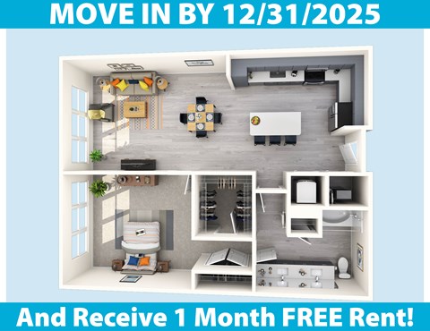 A promotional image for a move-in by December 31, 2025, offering a free one-month rent.